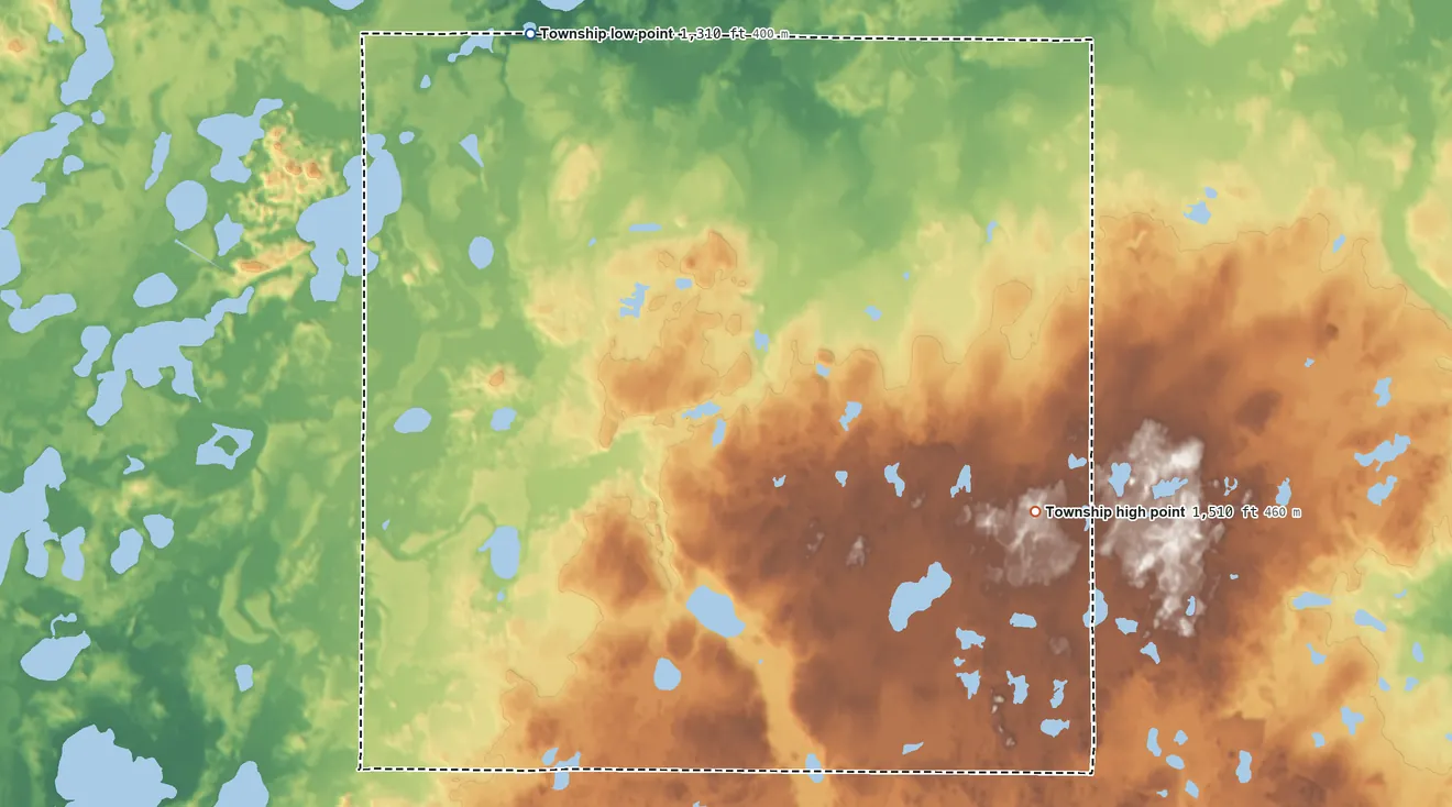 Topographic elevation map of Blind Lake Township, Minnesota, shaded from 1,310 ft on the north side to 1,510 ft on the east side