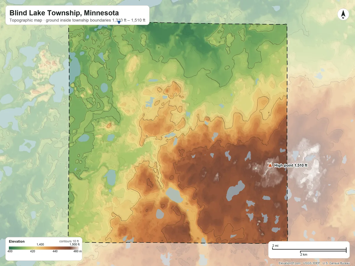 Topographic elevation map of Blind Lake Township, Minnesota, shaded from 1,310 ft on the north side to 1,510 ft on the east side