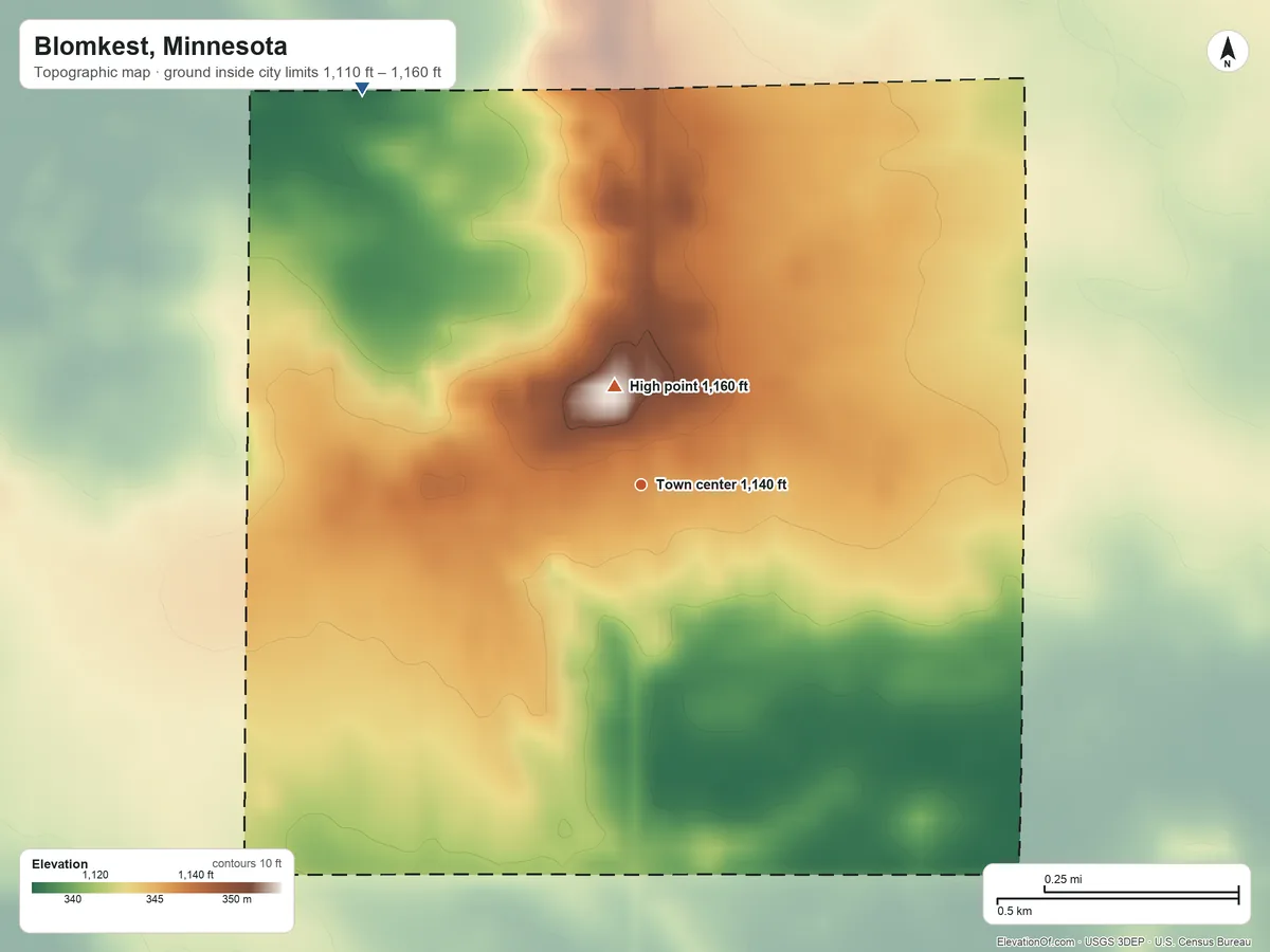 Topographic elevation map of Blomkest, Minnesota, shaded from 1,110 ft on the northwest side to 1,160 ft near the middle