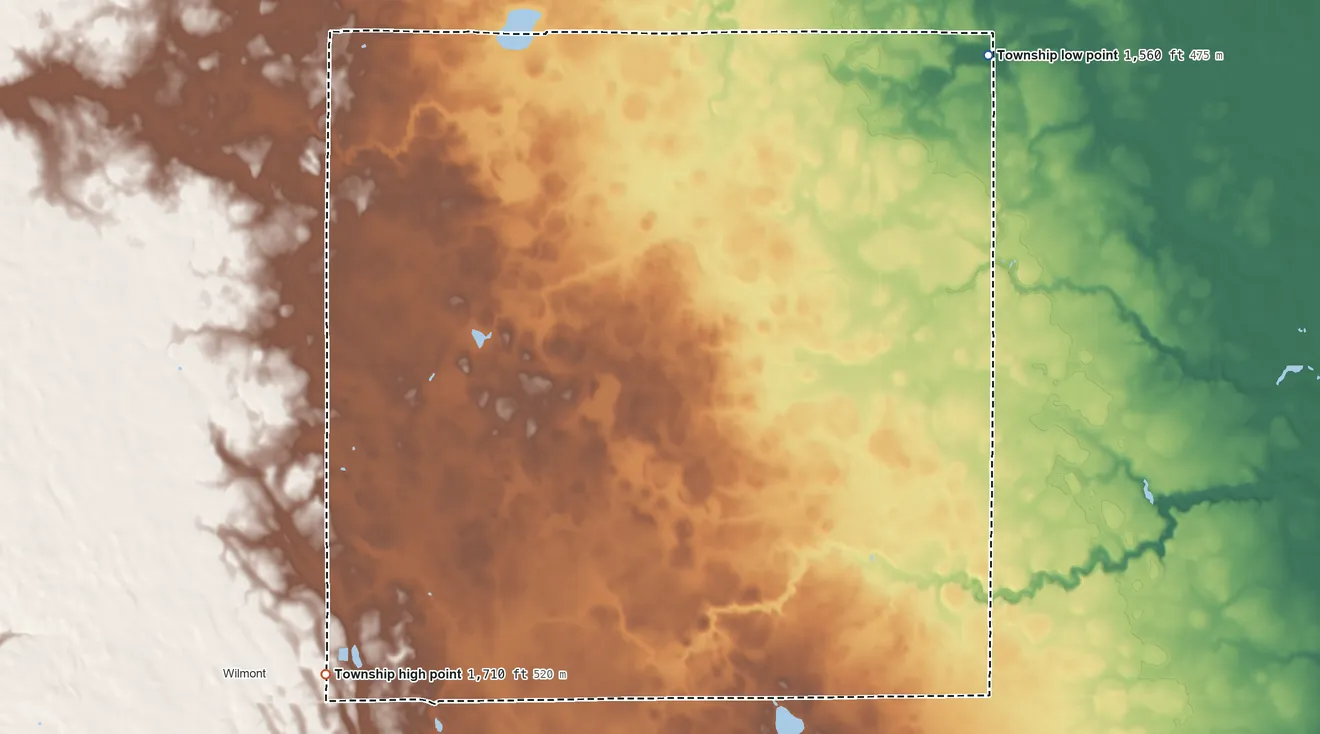 Topographic elevation map of Bloom Township, Minnesota, shaded from 1,560 ft on the northeast side to 1,710 ft on the southwest side