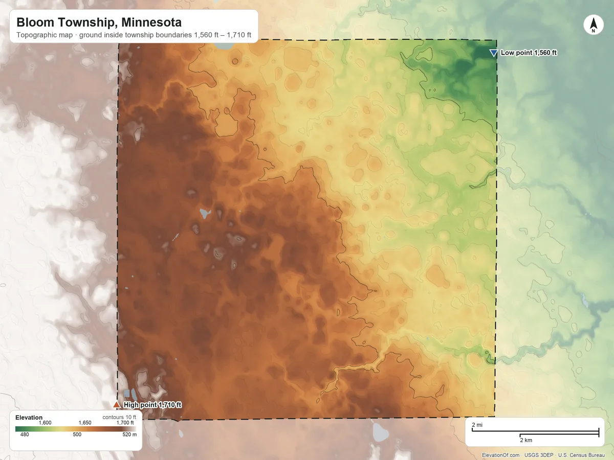 Topographic elevation map of Bloom Township, Minnesota, shaded from 1,560 ft on the northeast side to 1,710 ft on the southwest side