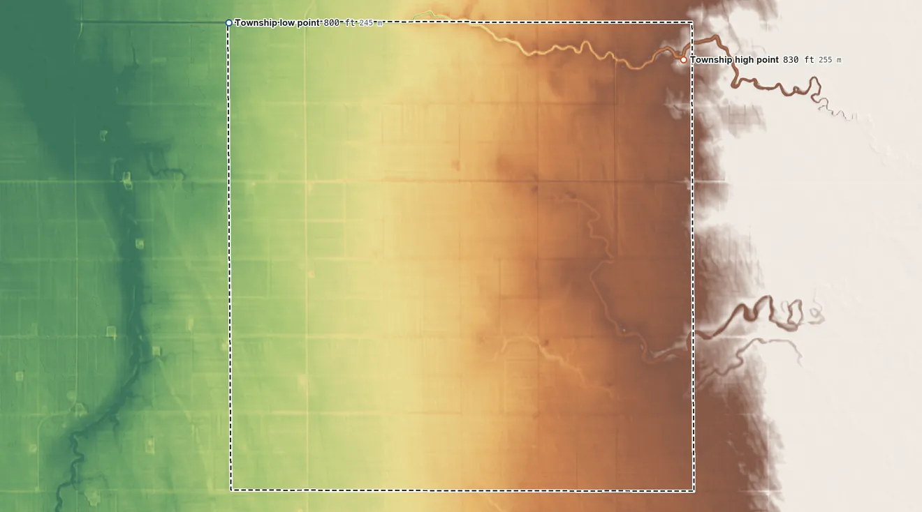 Topographic elevation map of Bloomer Township, Minnesota, shaded from 800 ft on the northwest side to 830 ft on the northeast side
