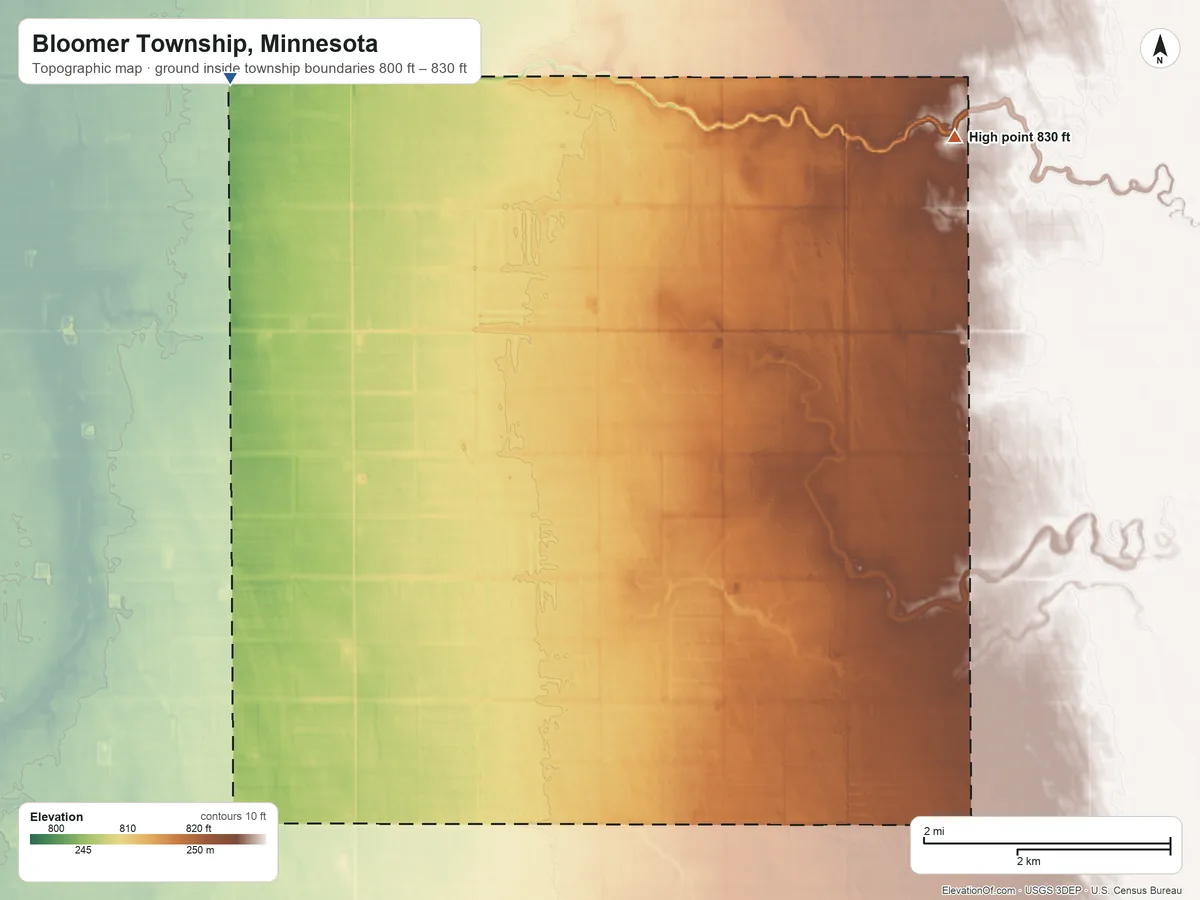 Topographic elevation map of Bloomer Township, Minnesota, shaded from 800 ft on the northwest side to 830 ft on the northeast side