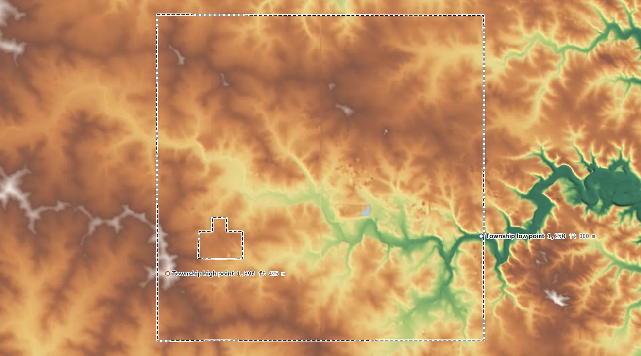 Topographic elevation map of Bloomfield Township, Minnesota, shaded from 1,250 ft on the east side to 1,390 ft on the west side