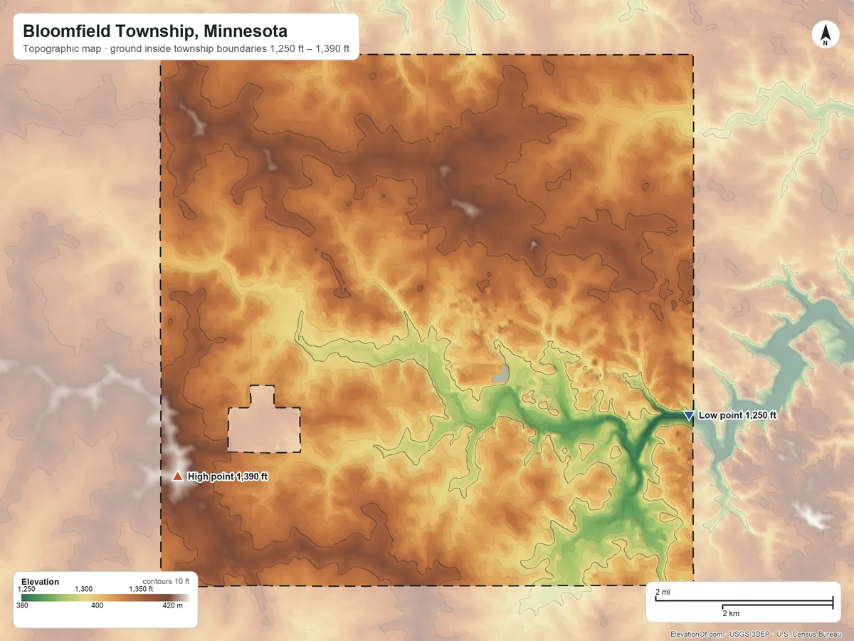 Topographic elevation map of Bloomfield Township, Minnesota, shaded from 1,250 ft on the east side to 1,390 ft on the west side