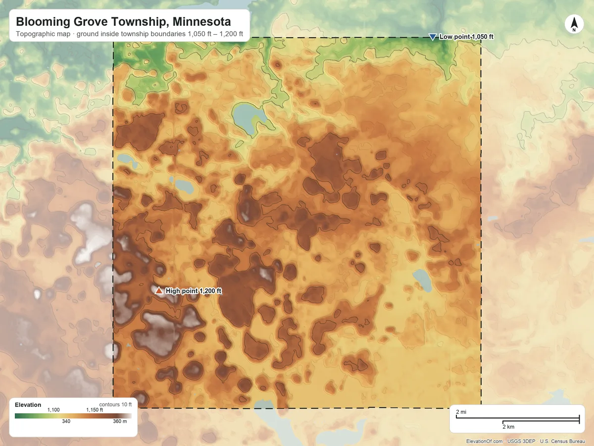 Topographic elevation map of Blooming Grove Township, Minnesota, shaded from 1,050 ft on the northeast side to 1,200 ft on the southwest side