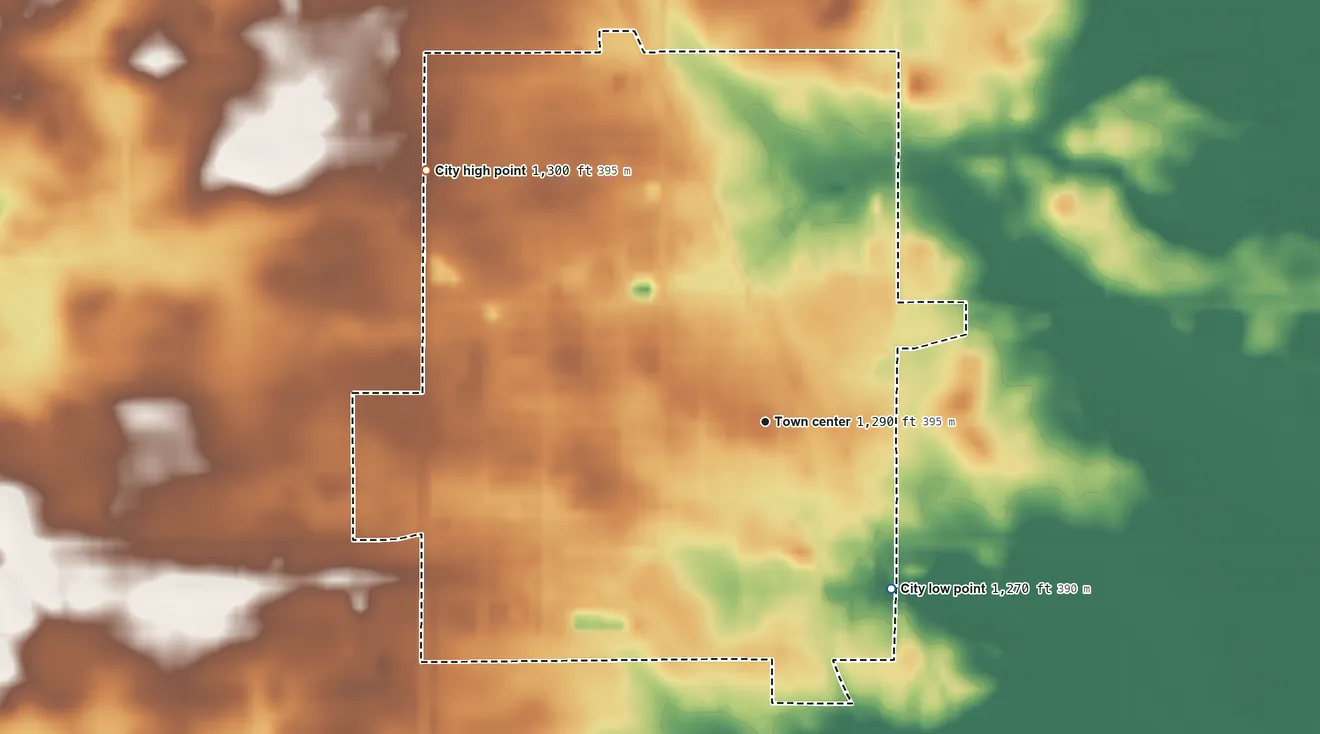 Topographic elevation map of Blooming Prairie, Minnesota, shaded from 1,270 ft on the southeast side to 1,300 ft on the northwest side