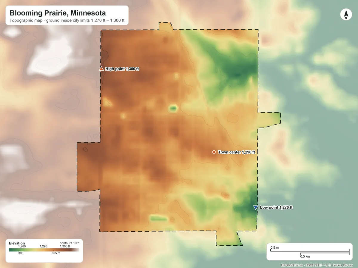 Topographic elevation map of Blooming Prairie, Minnesota, shaded from 1,270 ft on the southeast side to 1,300 ft on the northwest side