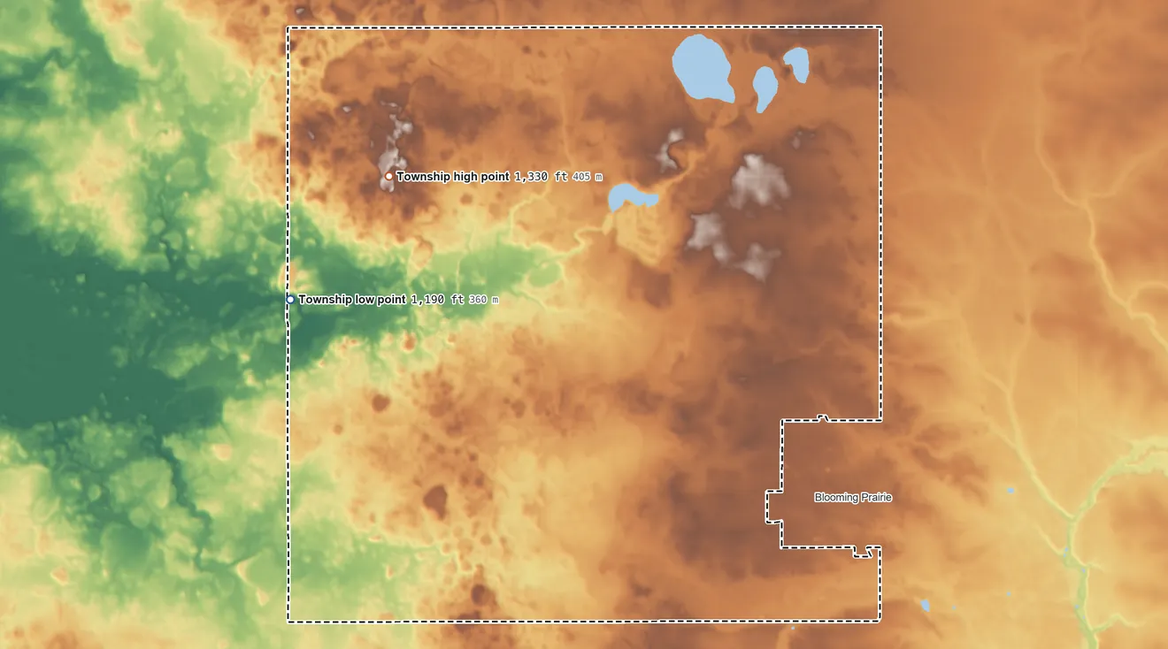 Topographic elevation map of Blooming Prairie Township, Minnesota, shaded from 1,190 ft on the west side to 1,330 ft on the northwest side