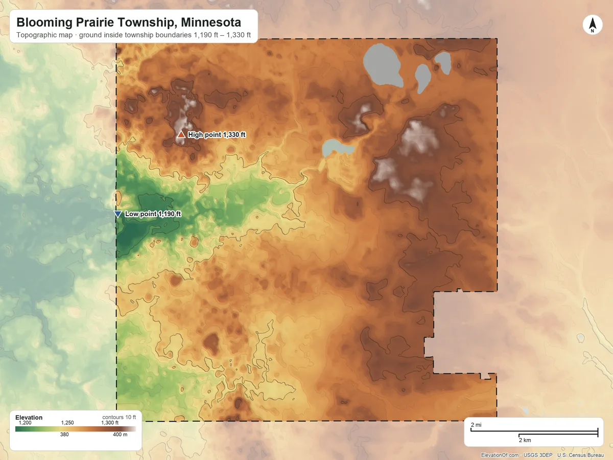 Topographic elevation map of Blooming Prairie Township, Minnesota, shaded from 1,190 ft on the west side to 1,330 ft on the northwest side
