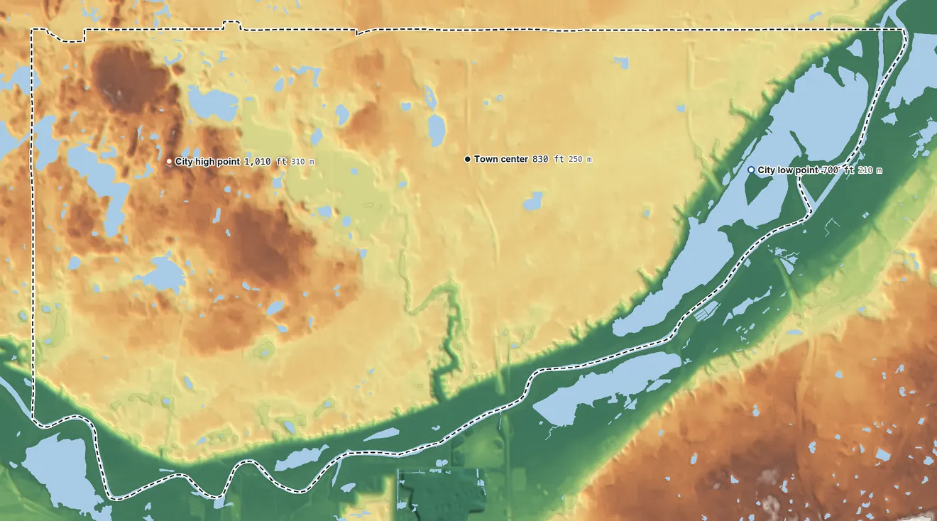 Topographic elevation map of Bloomington, Minnesota, shaded from 700 ft on the east side to 1,010 ft on Mount Gilboa