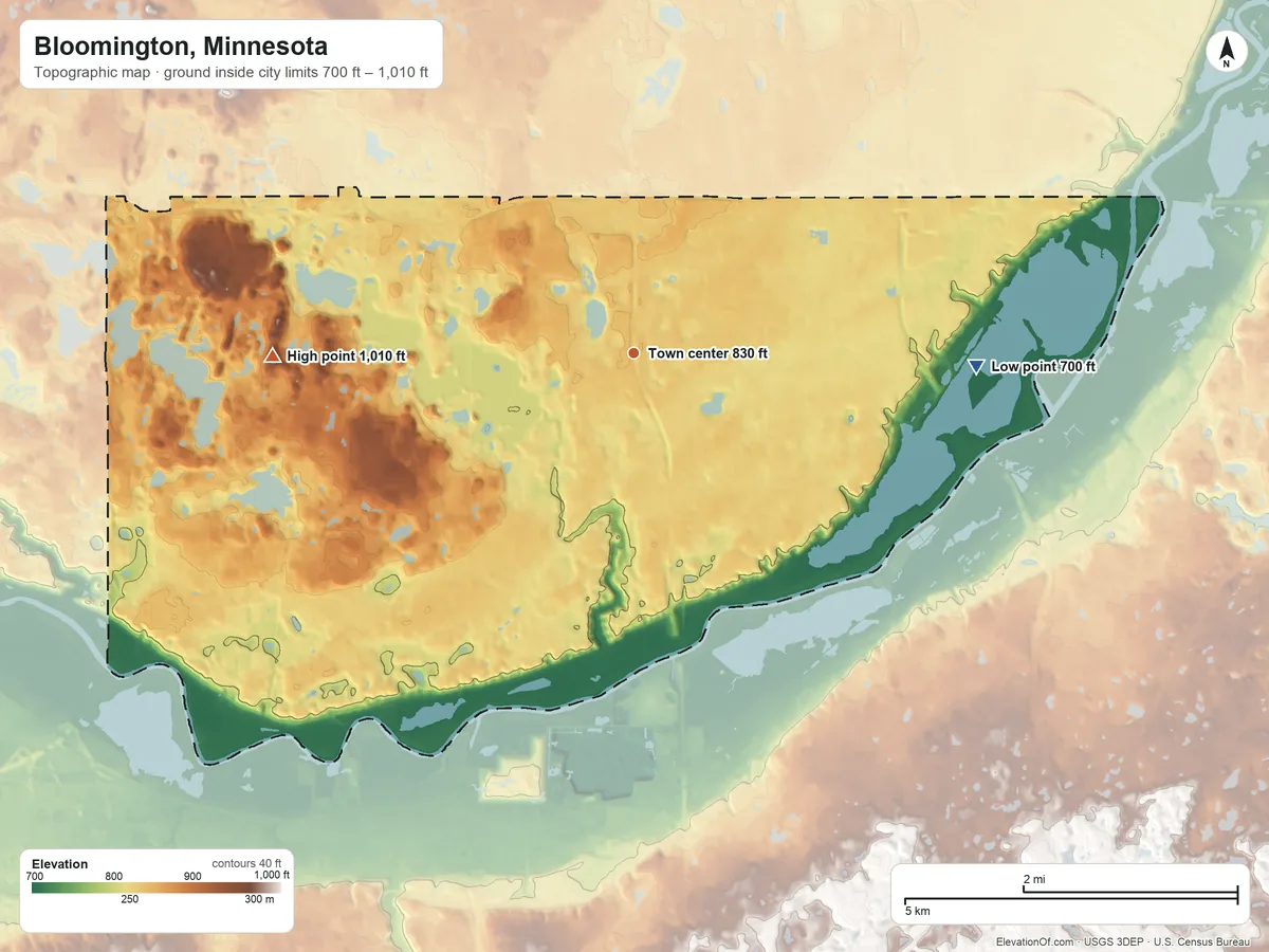 Topographic elevation map of Bloomington, Minnesota, shaded from 700 ft on the east side to 1,010 ft on Mount Gilboa