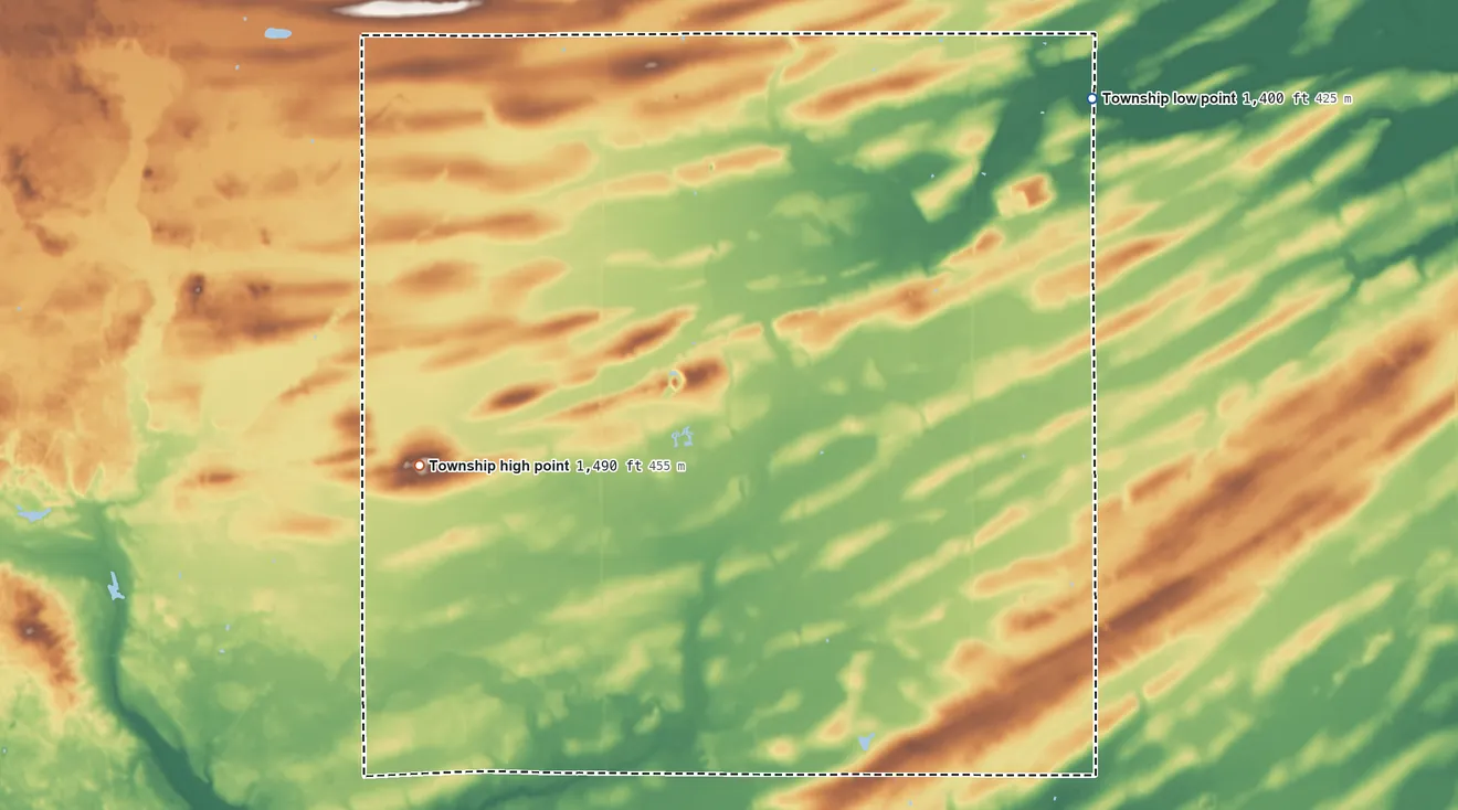 Topographic elevation map of Blowers Township, Minnesota, shaded from 1,400 ft on the northeast side to 1,490 ft on the west side