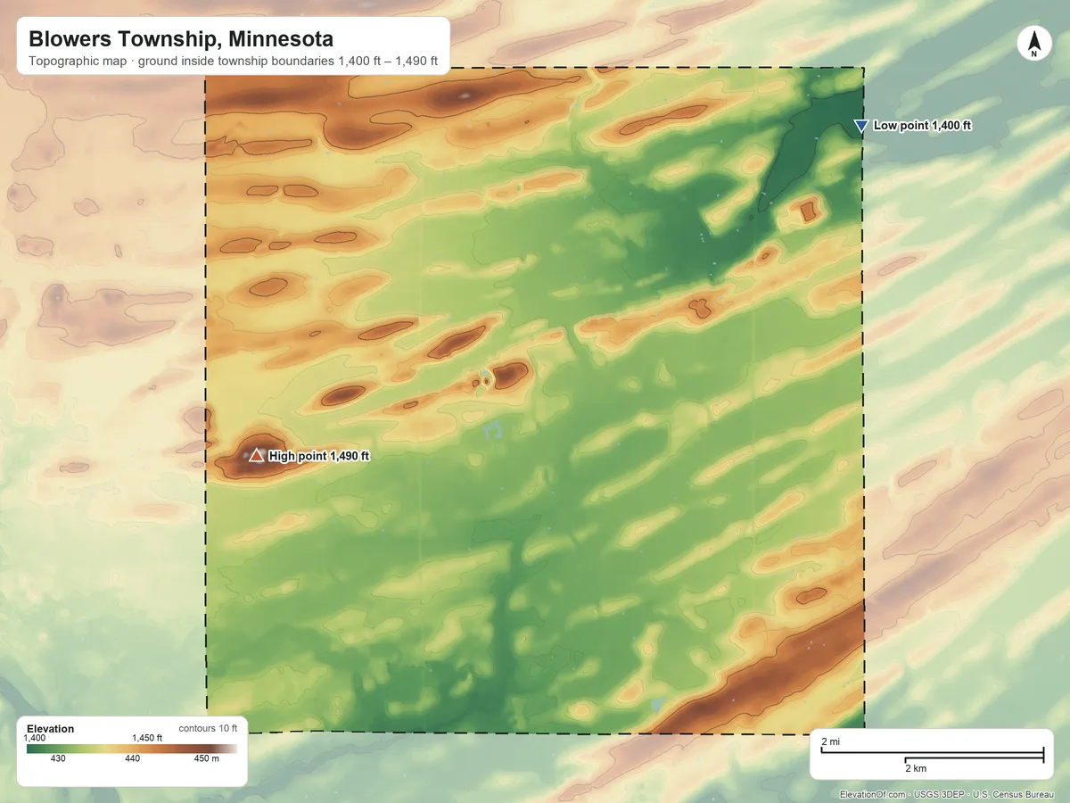 Topographic elevation map of Blowers Township, Minnesota, shaded from 1,400 ft on the northeast side to 1,490 ft on the west side
