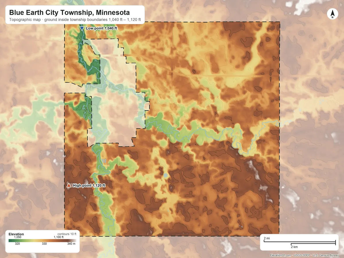 Topographic elevation map of Blue Earth City Township, Minnesota, shaded from 1,040 ft on the northwest side to 1,120 ft on the southwest side