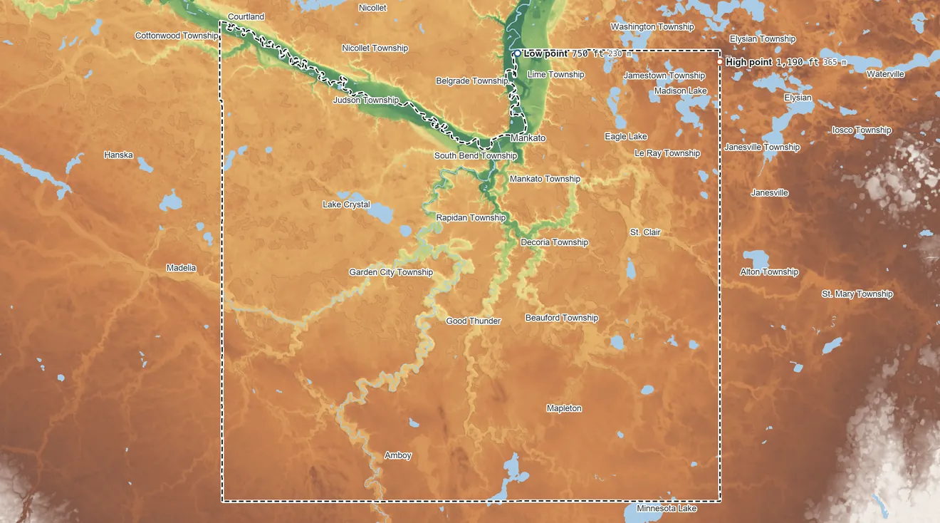 Topographic elevation map of Blue Earth County, Minnesota, shaded from 750 ft on the north side to 1,190 ft on the northeast side
