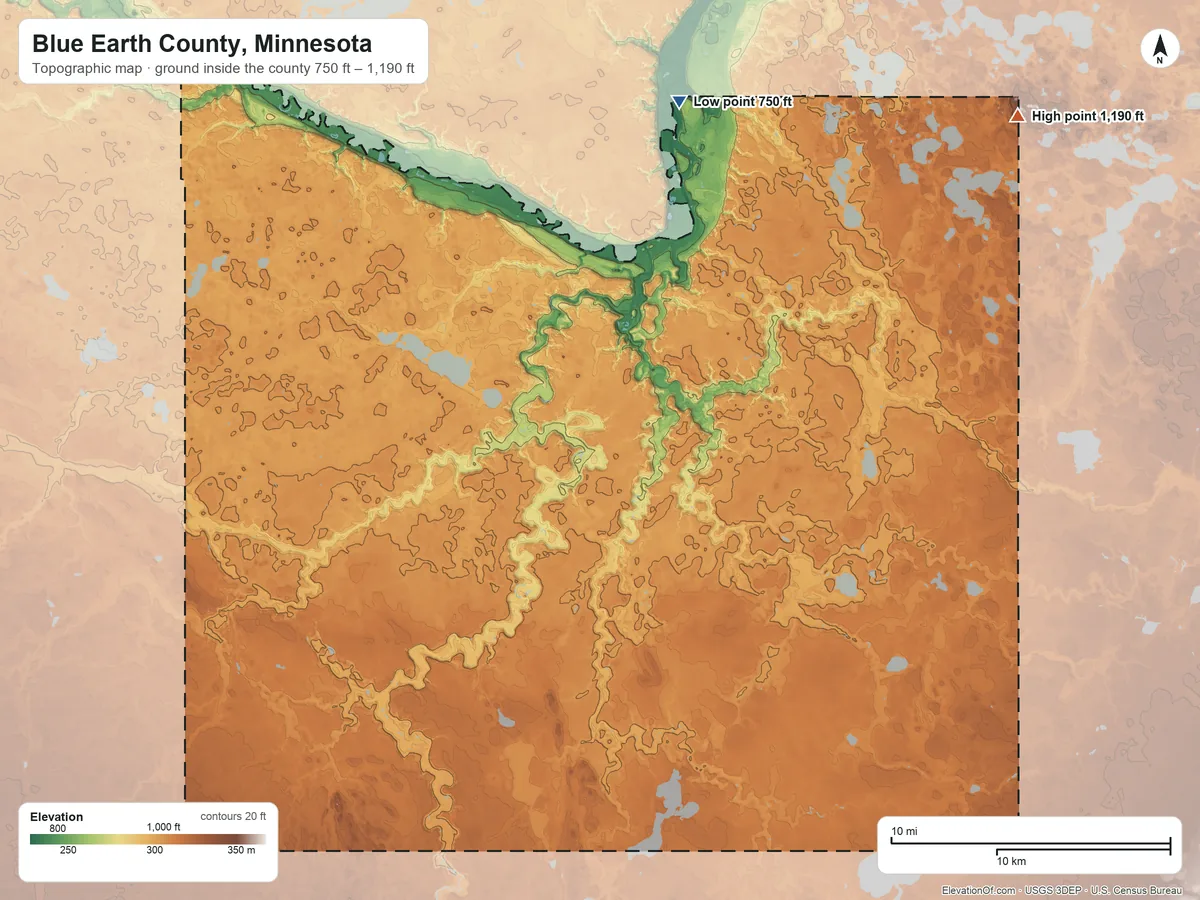 Topographic elevation map of Blue Earth County, Minnesota, shaded from 750 ft on the north side to 1,190 ft on the northeast side