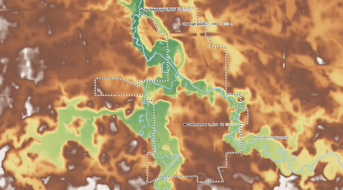 Topographic elevation map of Blue Earth, Minnesota, shaded from 1,040 ft on the north side to 1,100 ft on the north side