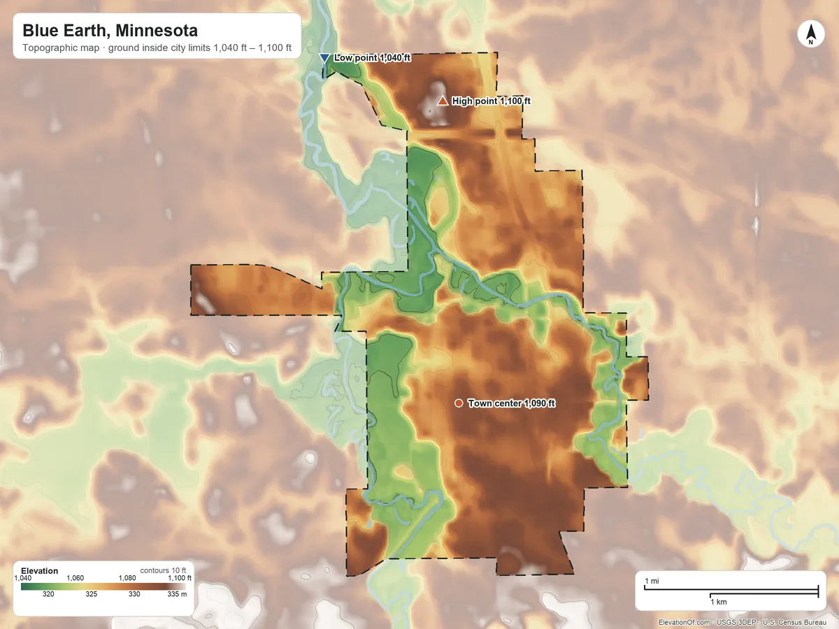 Topographic elevation map of Blue Earth, Minnesota, shaded from 1,040 ft on the north side to 1,100 ft on the north side