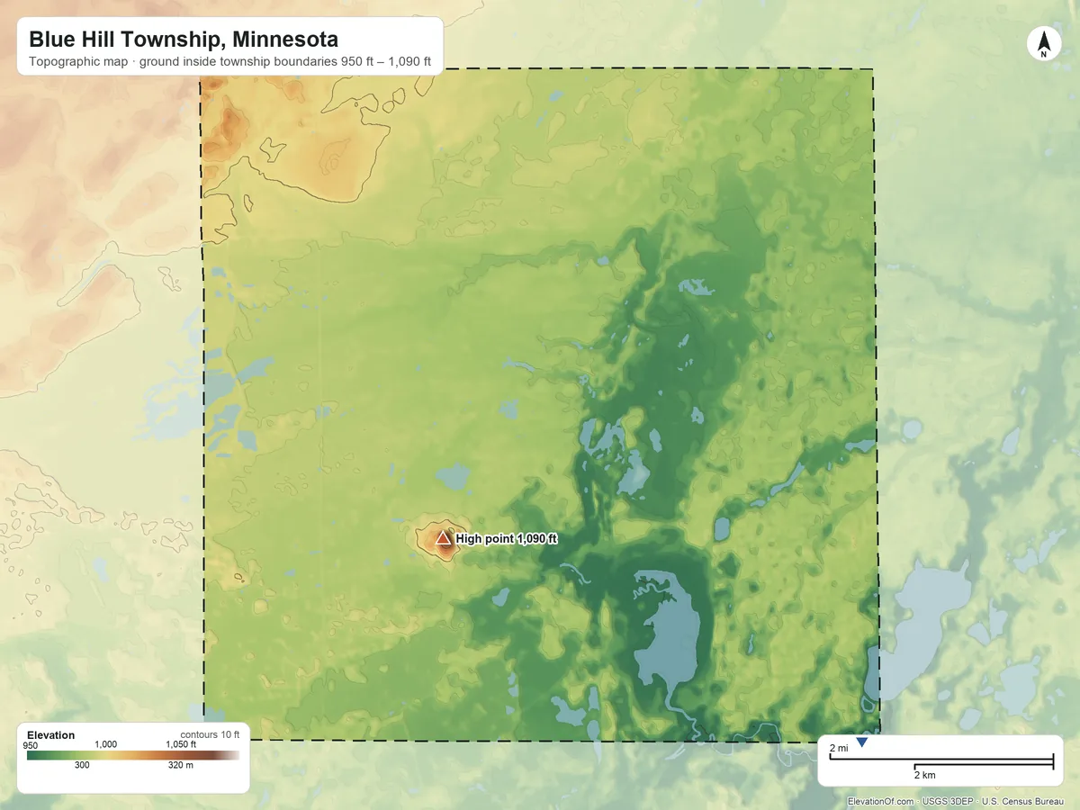 Topographic elevation map of Blue Hill Township, Minnesota, shaded from 950 ft on the south side to 1,090 ft on Blue Hill