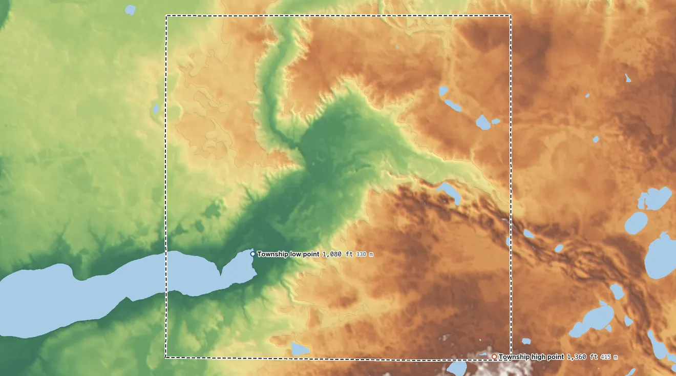 Topographic elevation map of Blue Mounds Township, Minnesota, shaded from 1,080 ft on the southwest side to 1,360 ft on the southeast side