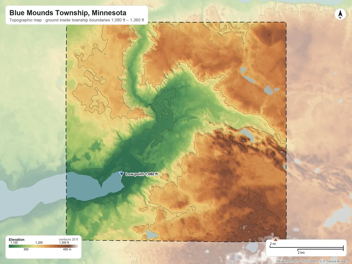 Topographic elevation map of Blue Mounds Township, Minnesota, shaded from 1,080 ft on the southwest side to 1,360 ft on the southeast side