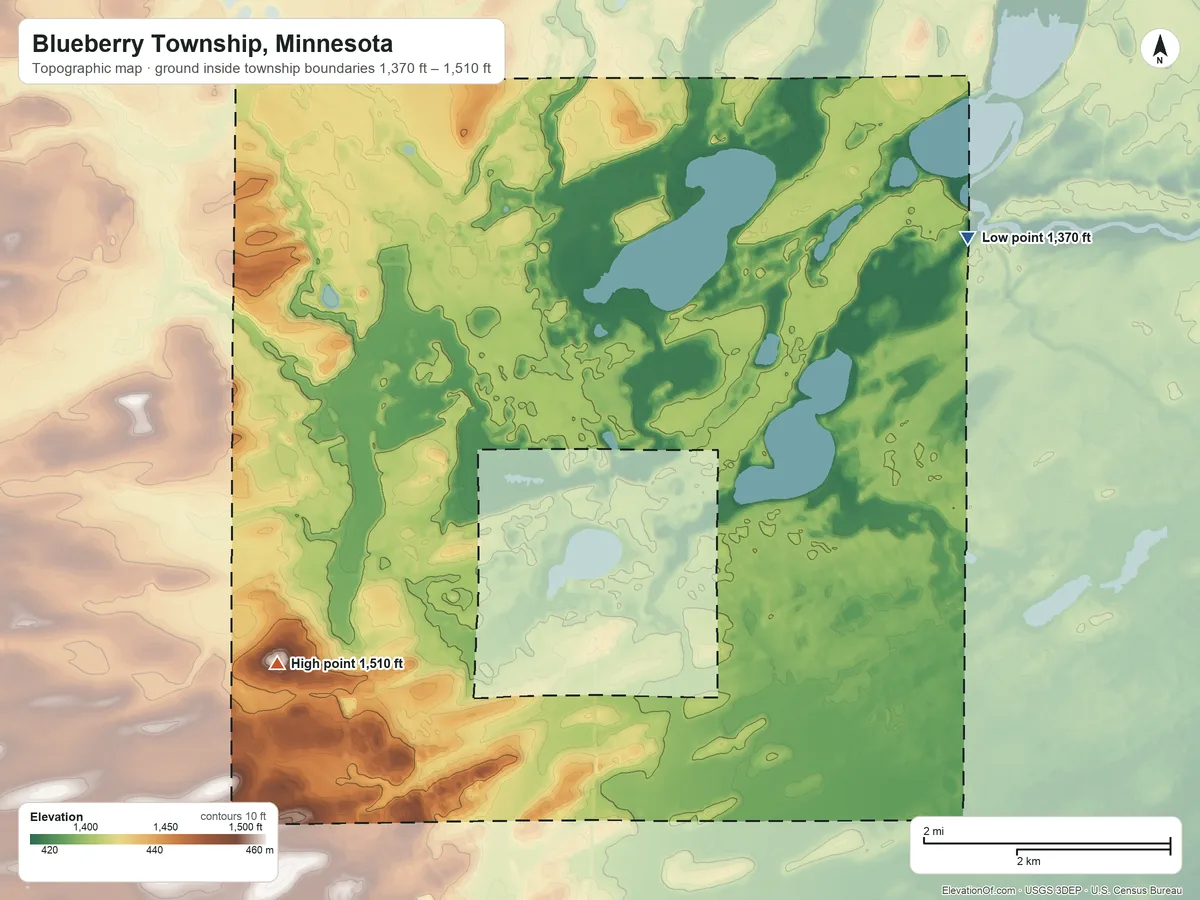 Topographic elevation map of Blueberry Township, Minnesota, shaded from 1,370 ft on the east side to 1,510 ft on the southwest side
