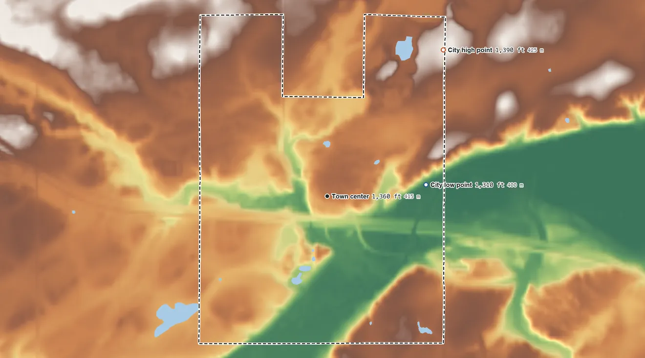 Topographic elevation map of Bluffton, Minnesota, shaded from 1,310 ft on the east side to 1,390 ft on the northeast side