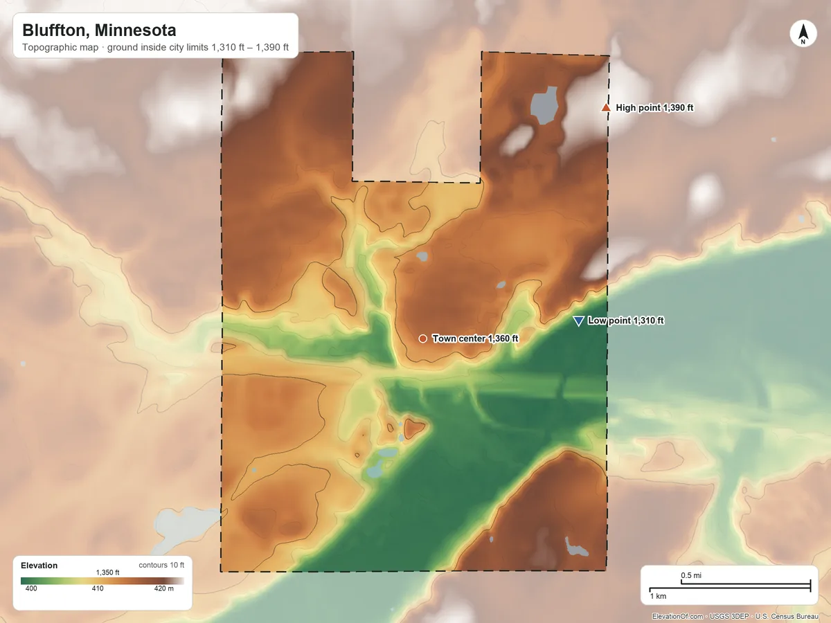 Topographic elevation map of Bluffton, Minnesota, shaded from 1,310 ft on the east side to 1,390 ft on the northeast side