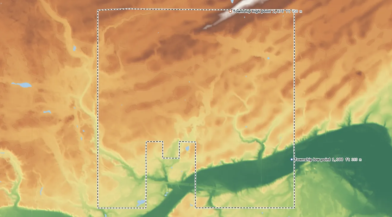 Topographic elevation map of Bluffton Township, Minnesota, shaded from 1,300 ft on the southeast side to 1,470 ft on the northeast side
