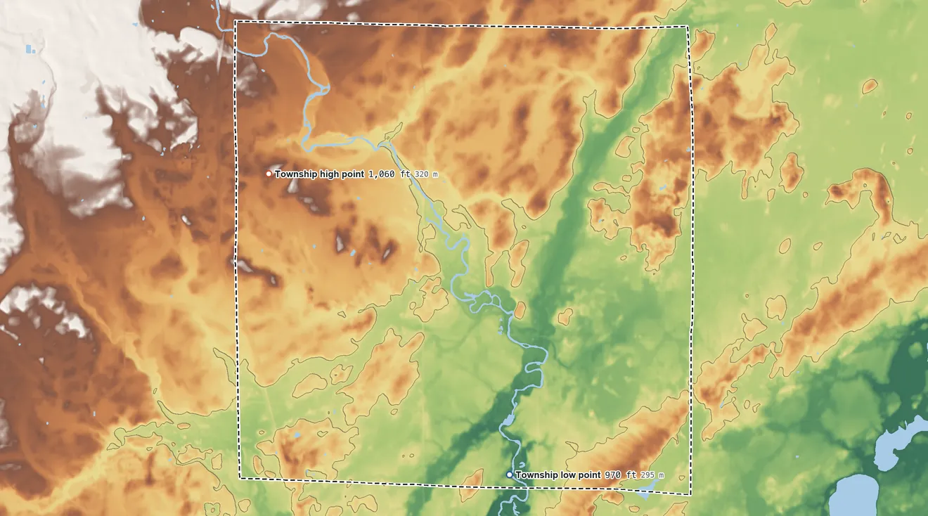 Topographic elevation map of Bogus Brook Township, Minnesota, shaded from 970 ft on the south side to 1,060 ft on the northwest side