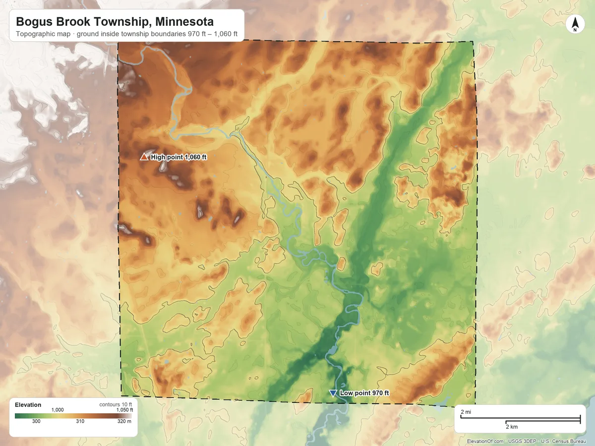Topographic elevation map of Bogus Brook Township, Minnesota, shaded from 970 ft on the south side to 1,060 ft on the northwest side