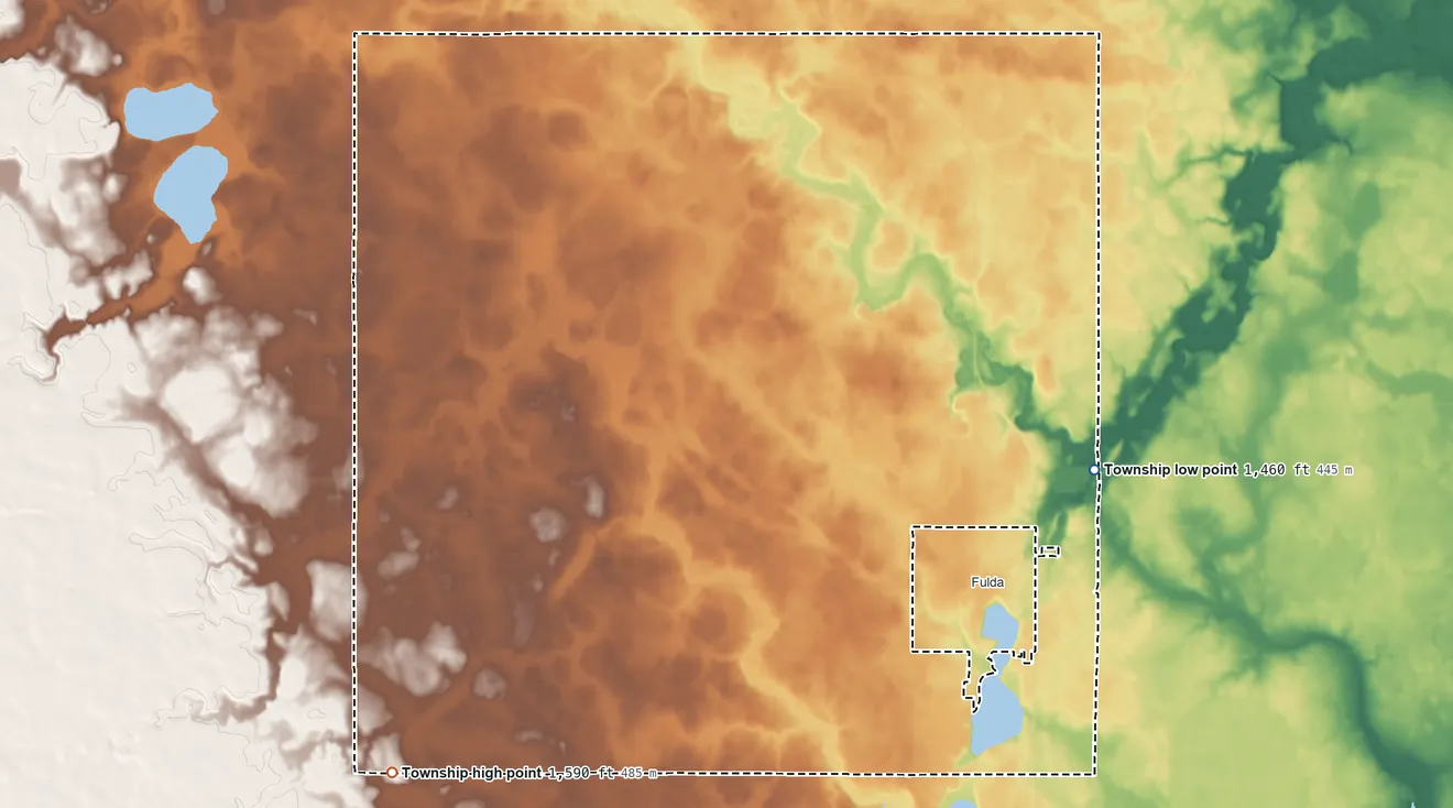 Topographic elevation map of Bondin Township, Minnesota, shaded from 1,460 ft on the east side to 1,590 ft on the southwest side