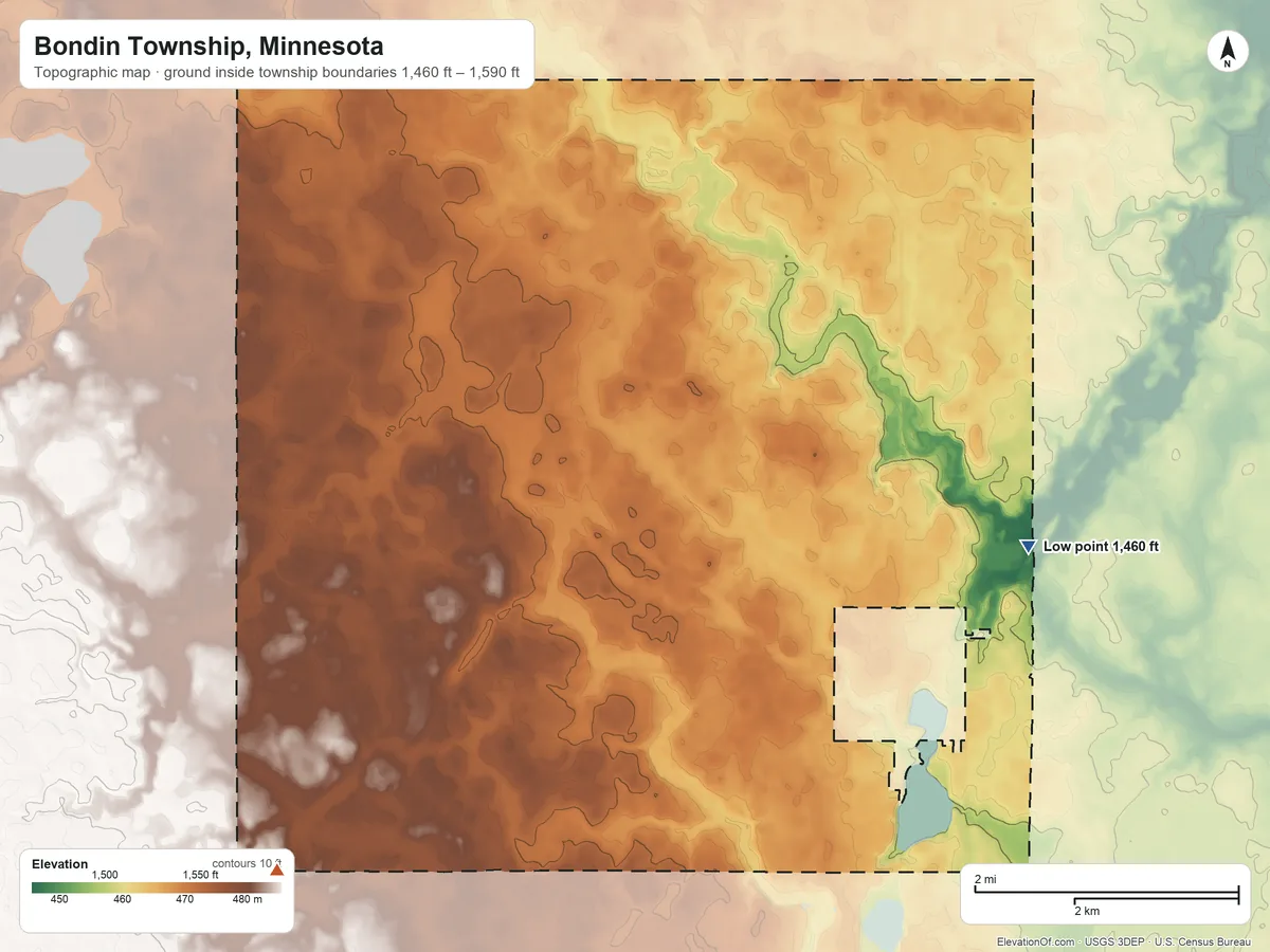 Topographic elevation map of Bondin Township, Minnesota, shaded from 1,460 ft on the east side to 1,590 ft on the southwest side
