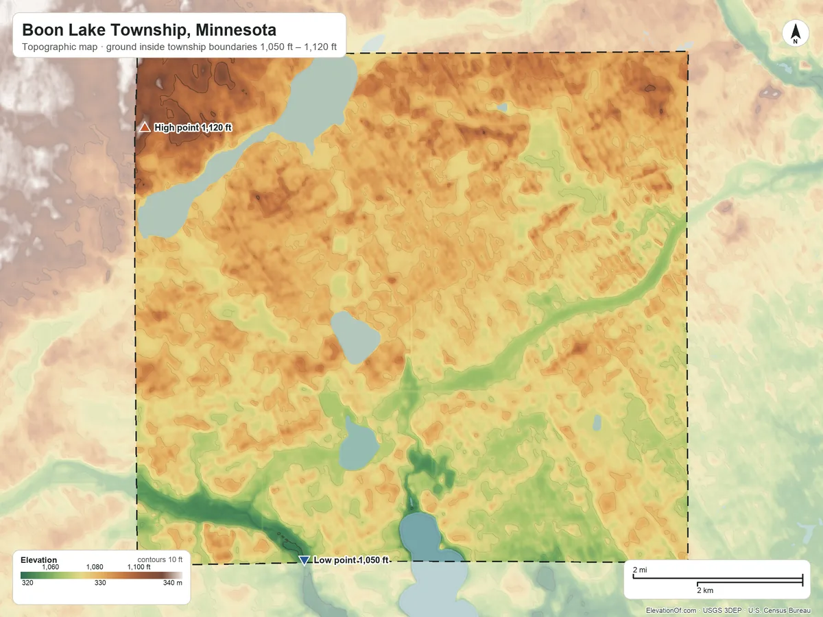 Topographic elevation map of Boon Lake Township, Minnesota, shaded from 1,050 ft on the southwest side to 1,120 ft on the northwest side