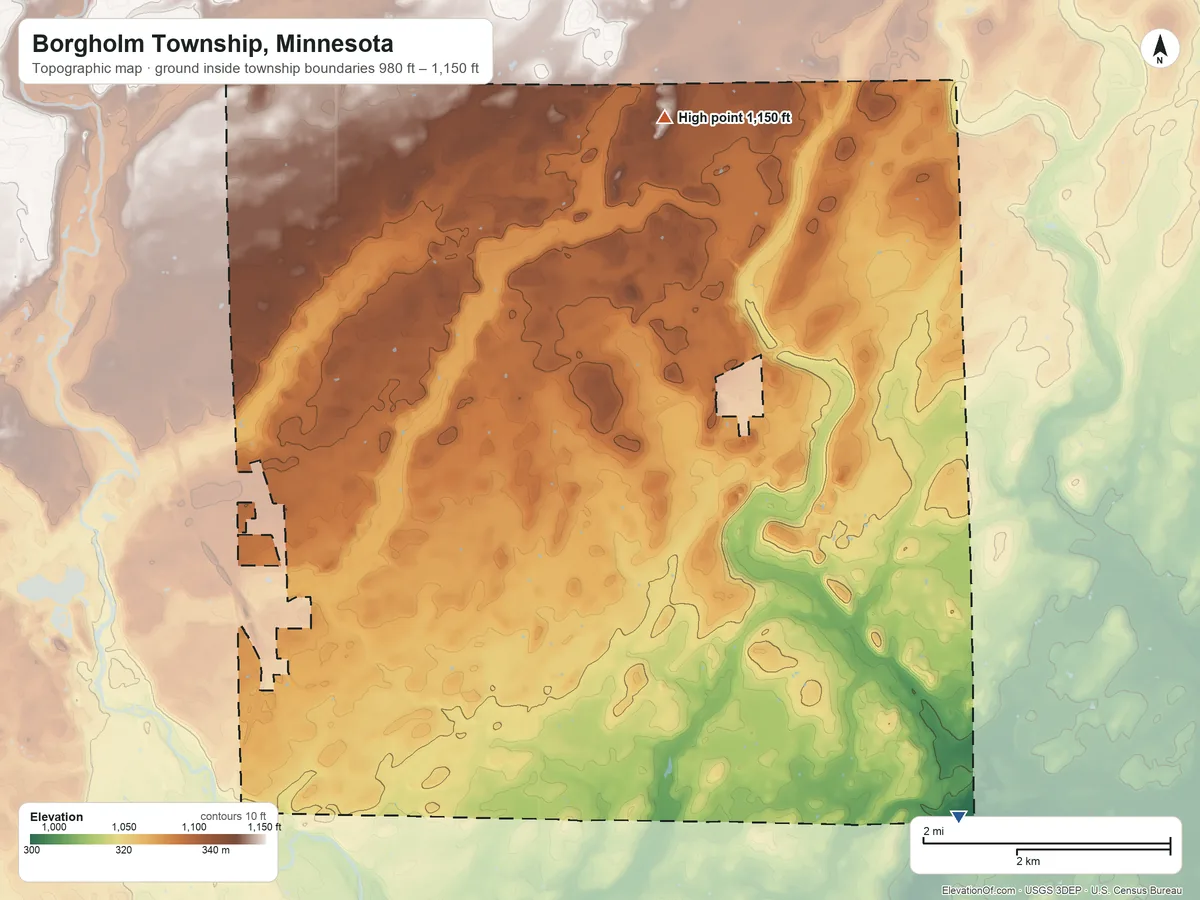 Topographic elevation map of Borgholm Township, Minnesota, shaded from 980 ft on the southeast side to 1,150 ft on the north side