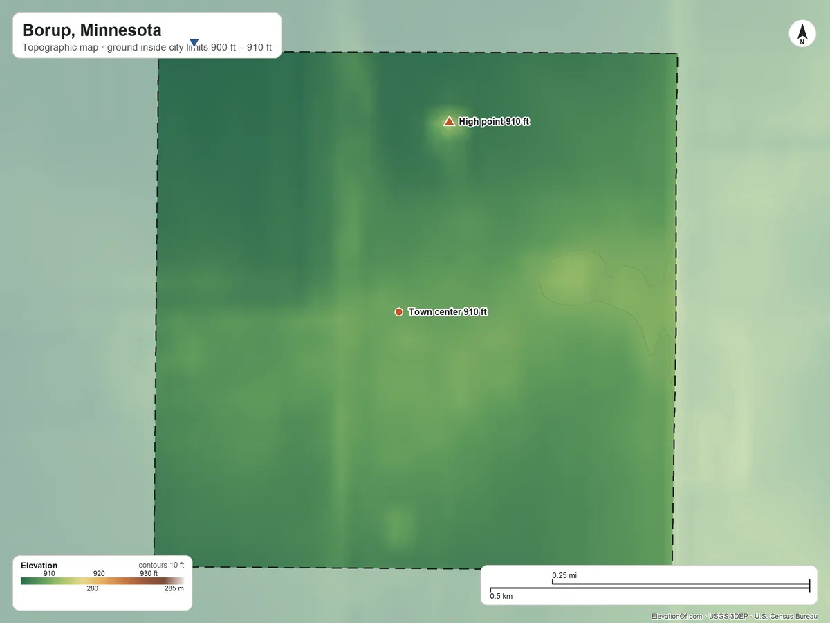 Topographic elevation map of Borup, Minnesota, shaded from 900 ft on the northwest side to 910 ft on the north side