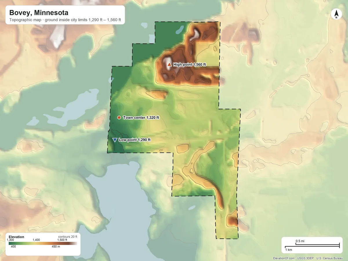 Topographic elevation map of Bovey, Minnesota, shaded from 1,290 ft near the middle to 1,560 ft on the northeast side