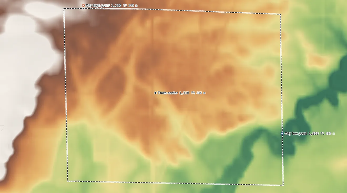 Topographic elevation map of Bowlus, Minnesota, shaded from 1,090 ft on the east side to 1,130 ft on the northwest side