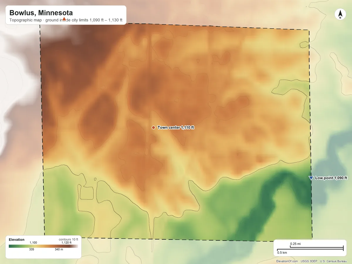 Topographic elevation map of Bowlus, Minnesota, shaded from 1,090 ft on the east side to 1,130 ft on the northwest side