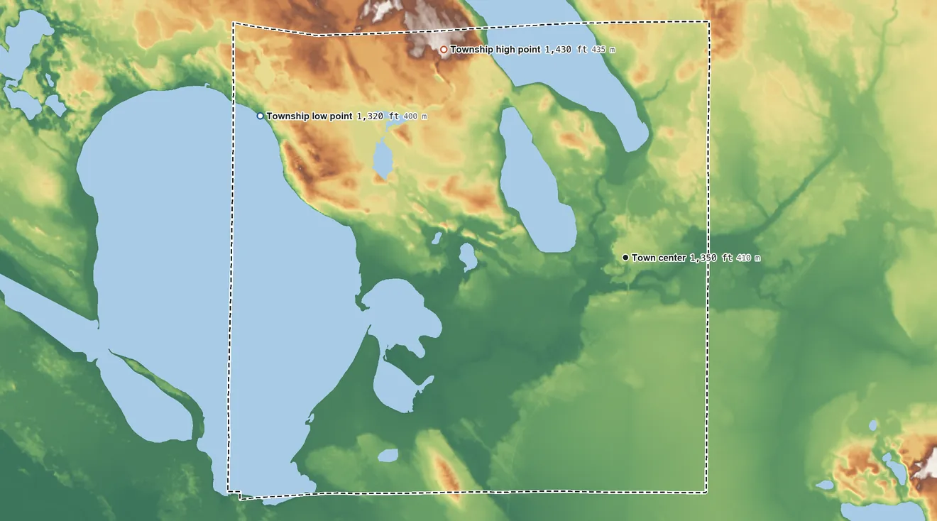 Topographic elevation map of Bowstring Township, Minnesota, shaded from 1,320 ft on the west side to 1,430 ft on the northwest side