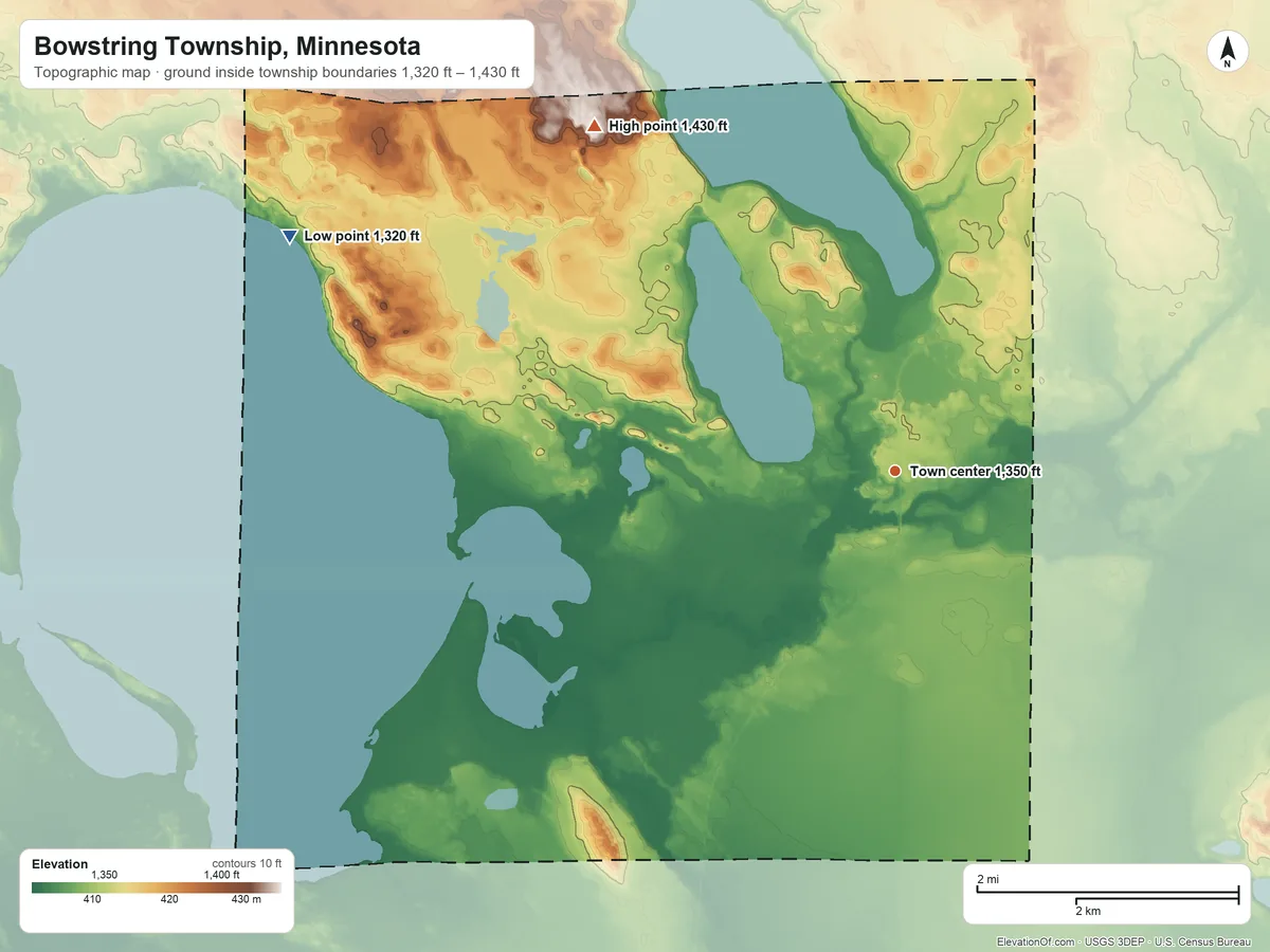 Topographic elevation map of Bowstring Township, Minnesota, shaded from 1,320 ft on the west side to 1,430 ft on the northwest side