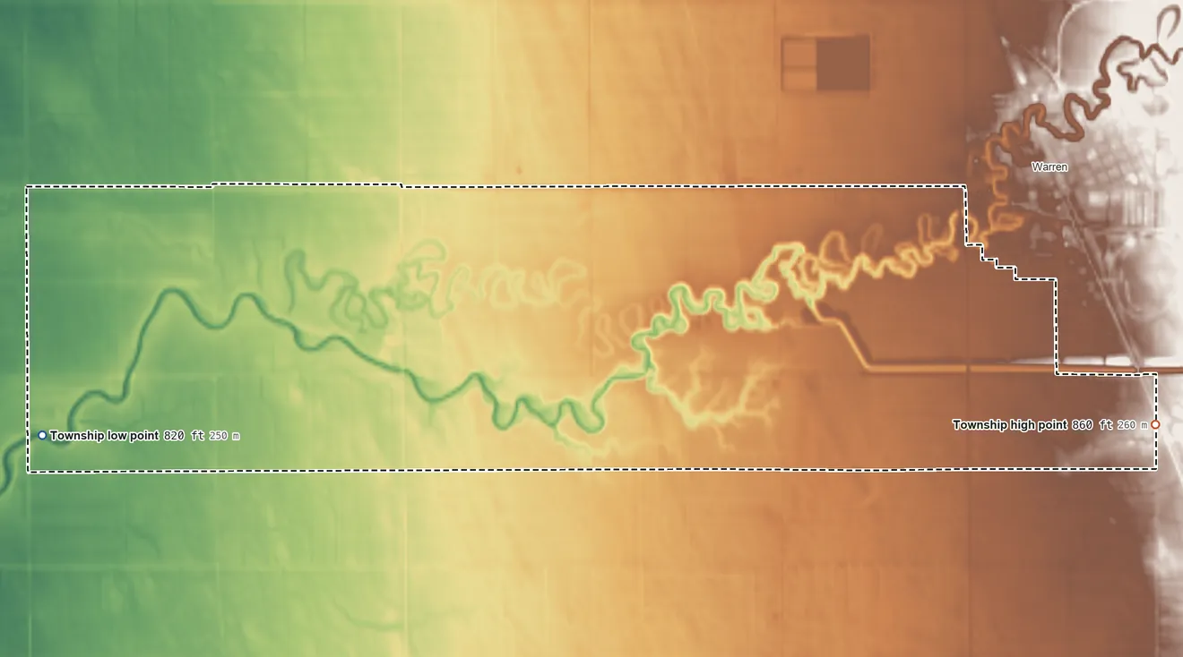Topographic elevation map of Boxville Township, Minnesota, shaded from 820 ft on the west side to 860 ft on the east side
