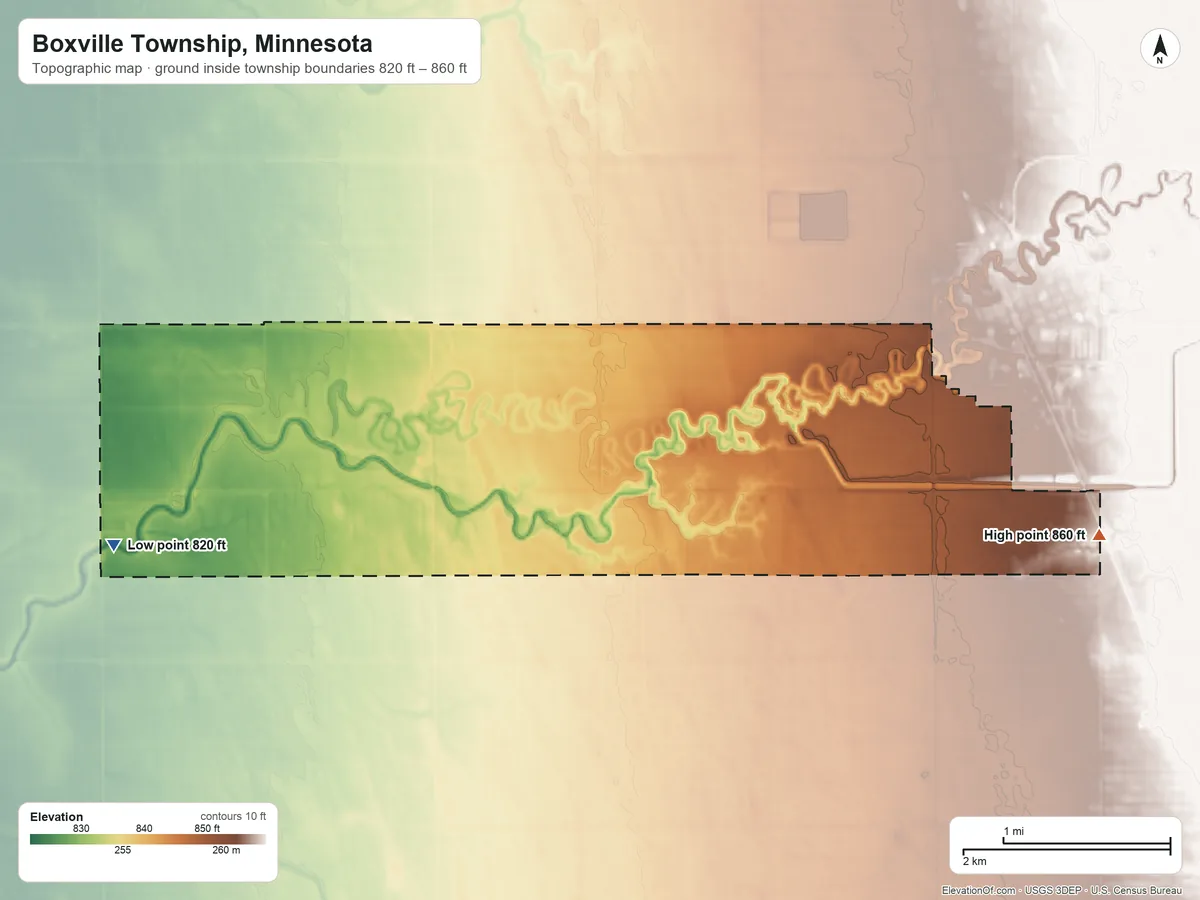 Topographic elevation map of Boxville Township, Minnesota, shaded from 820 ft on the west side to 860 ft on the east side