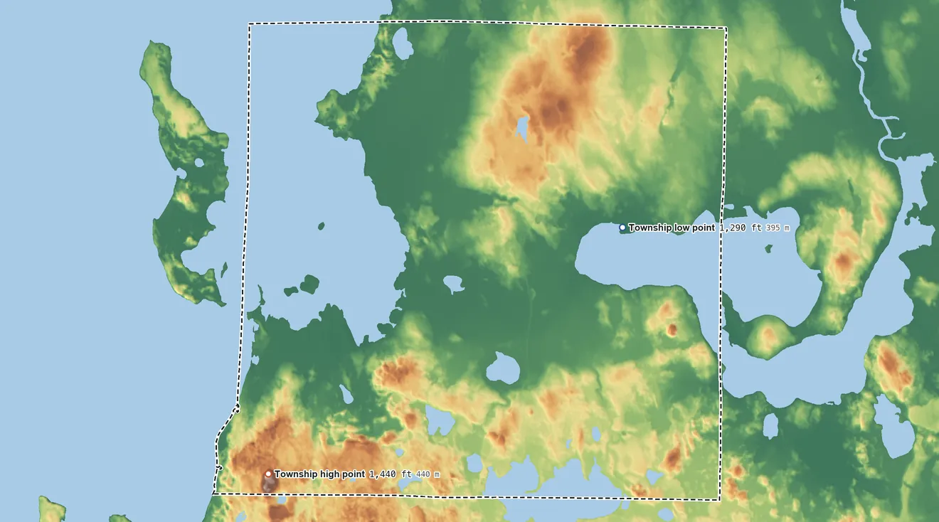 Topographic elevation map of Boy Lake Township, Minnesota, shaded from 1,290 ft near the middle to 1,440 ft on the southwest side