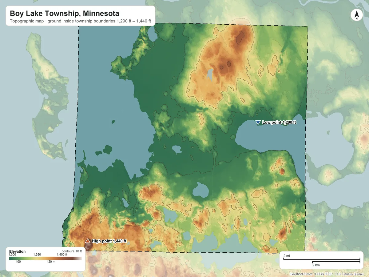 Topographic elevation map of Boy Lake Township, Minnesota, shaded from 1,290 ft near the middle to 1,440 ft on the southwest side