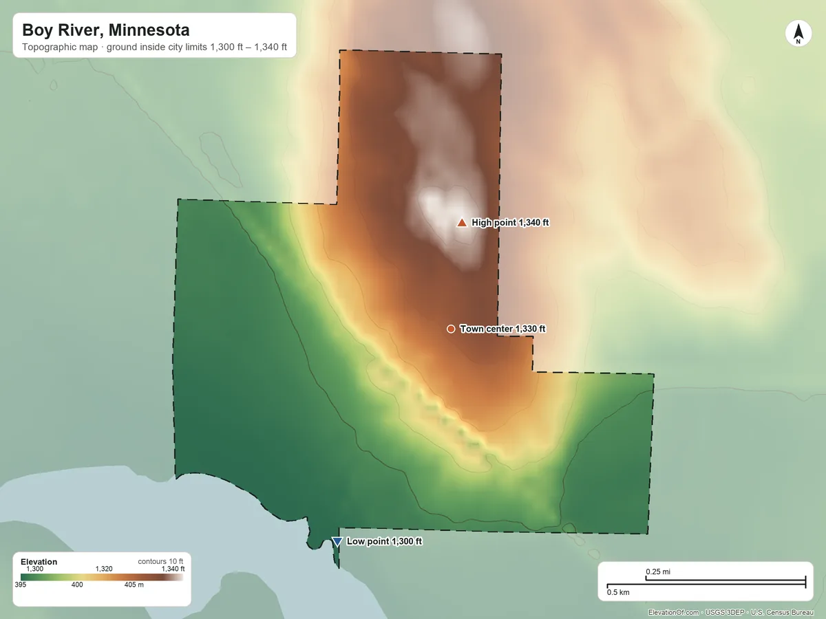 Topographic elevation map of Boy River, Minnesota, shaded from 1,300 ft on the southwest side to 1,340 ft on the north side