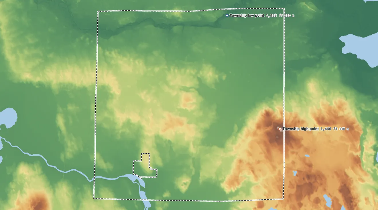 Topographic elevation map of Boy River Township, Minnesota, shaded from 1,280 ft on the north side to 1,440 ft on the east side