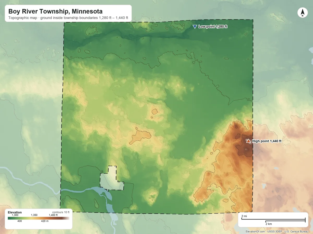 Topographic elevation map of Boy River Township, Minnesota, shaded from 1,280 ft on the north side to 1,440 ft on the east side