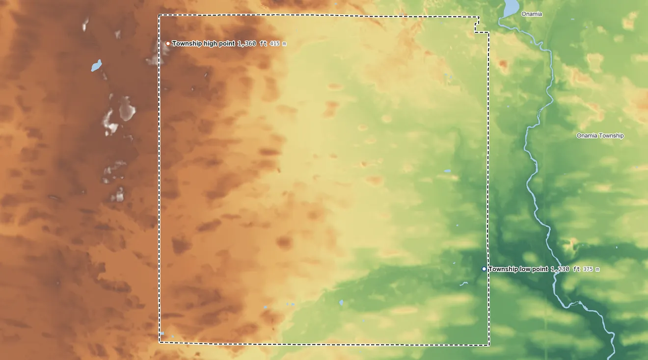 Topographic elevation map of Bradbury Township, Minnesota, shaded from 1,230 ft on the southeast side to 1,360 ft on the northwest side